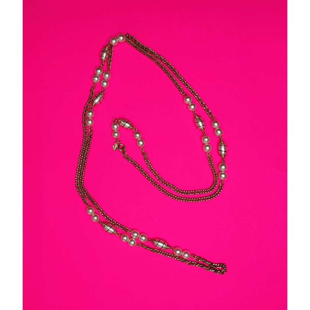 Sarah Coventry Vintage Gold Tone Chain Faux Pearl Pendant Long Necklace Jewelry - Picture 14 of 16